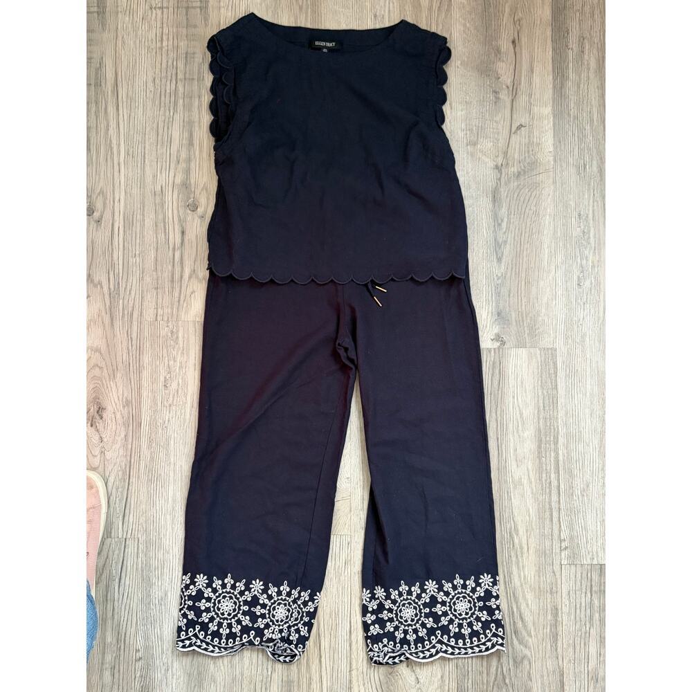 Ellen Tracey Navy w/ White Embroidred Pant Hem Pajamas Sz